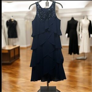 SLNY Navy Layered Midi Dress with Beaded Neckline